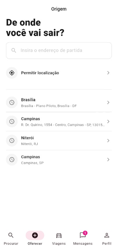 Tela de seleção de localização do ElasVão mostrando cidades disponíveis